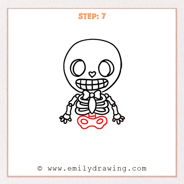 how to draw a cartoon skeleton - A cartoon skeleton with a skull, ribcage, bow tie, and arms, now with a small spine segment and a rounded pelvis with two oval openings.